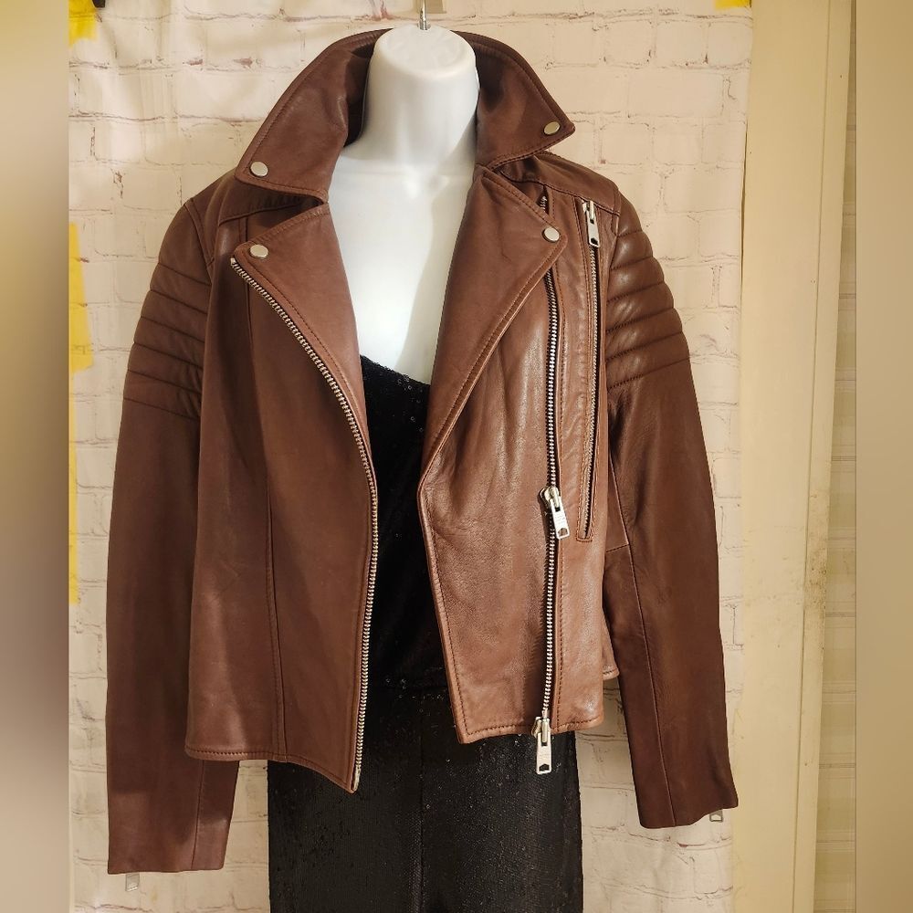 AllSaints “Alder Biker" Brown Buttery Leather Moto Jacket US 6/ EU 38 Ret. $499 - Picture 2 of 14